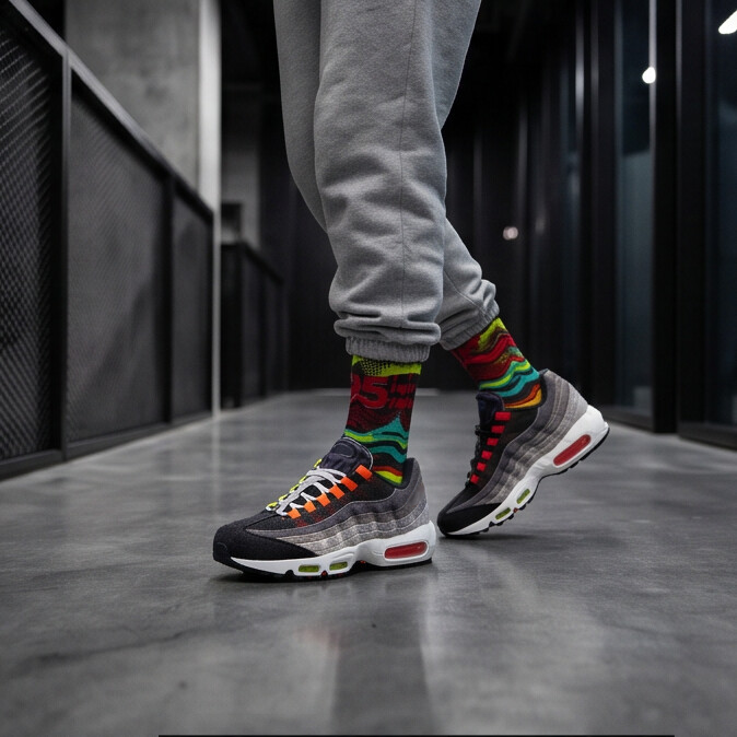 Air Max 95 matching socks mockup with 90s neon streetwear design - My Matching Socks