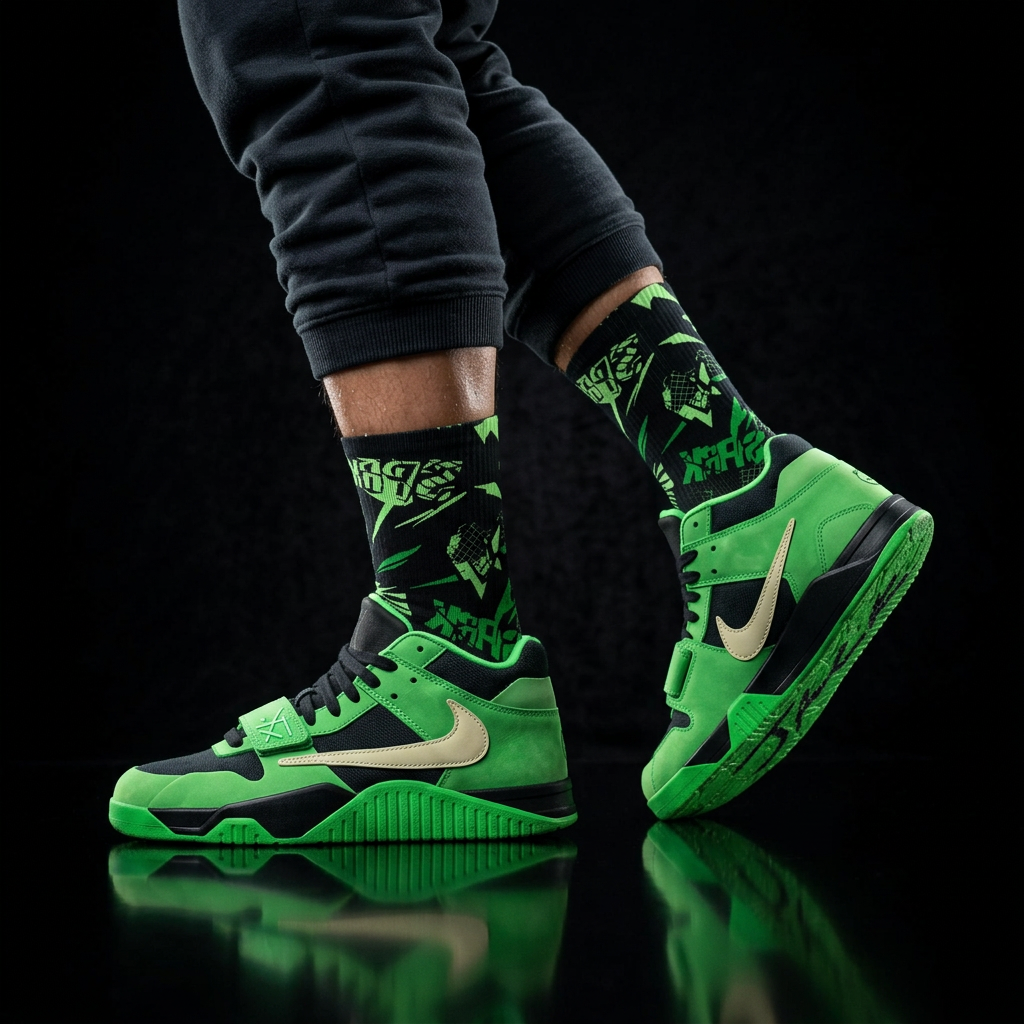 Travis Scott Jordan Jumpman Jack Green Spark matching Crew Socks | Electric Lime Streetwear Basketball Socks