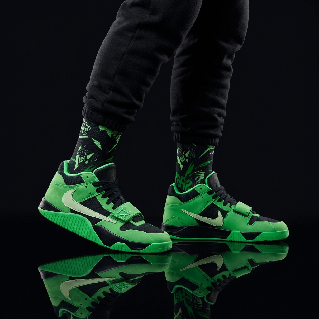 Travis Scott Jordan Jumpman Jack Green Spark matching Crew Socks | Electric Lime Streetwear Basketball Socks