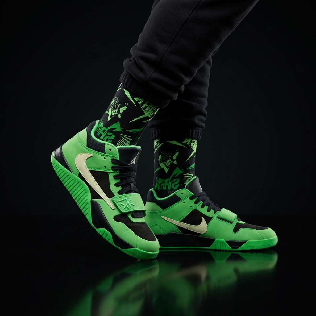 Travis Scott Jordan Jumpman Jack Green Spark matching Crew Socks | Electric Lime Streetwear Basketball Socks