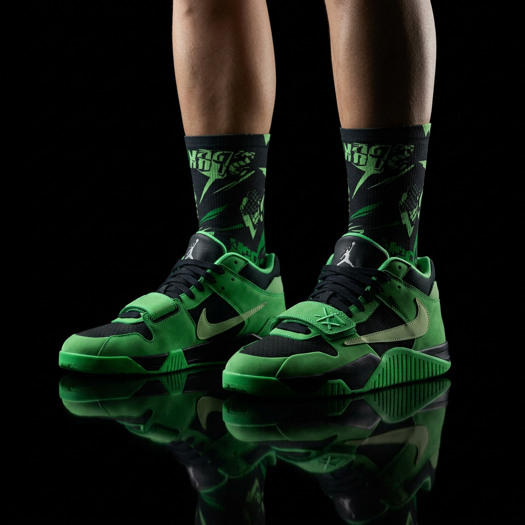 Travis Scott Jordan Jumpman Jack Green Spark matching Crew Socks | Electric Lime Streetwear Basketball Socks