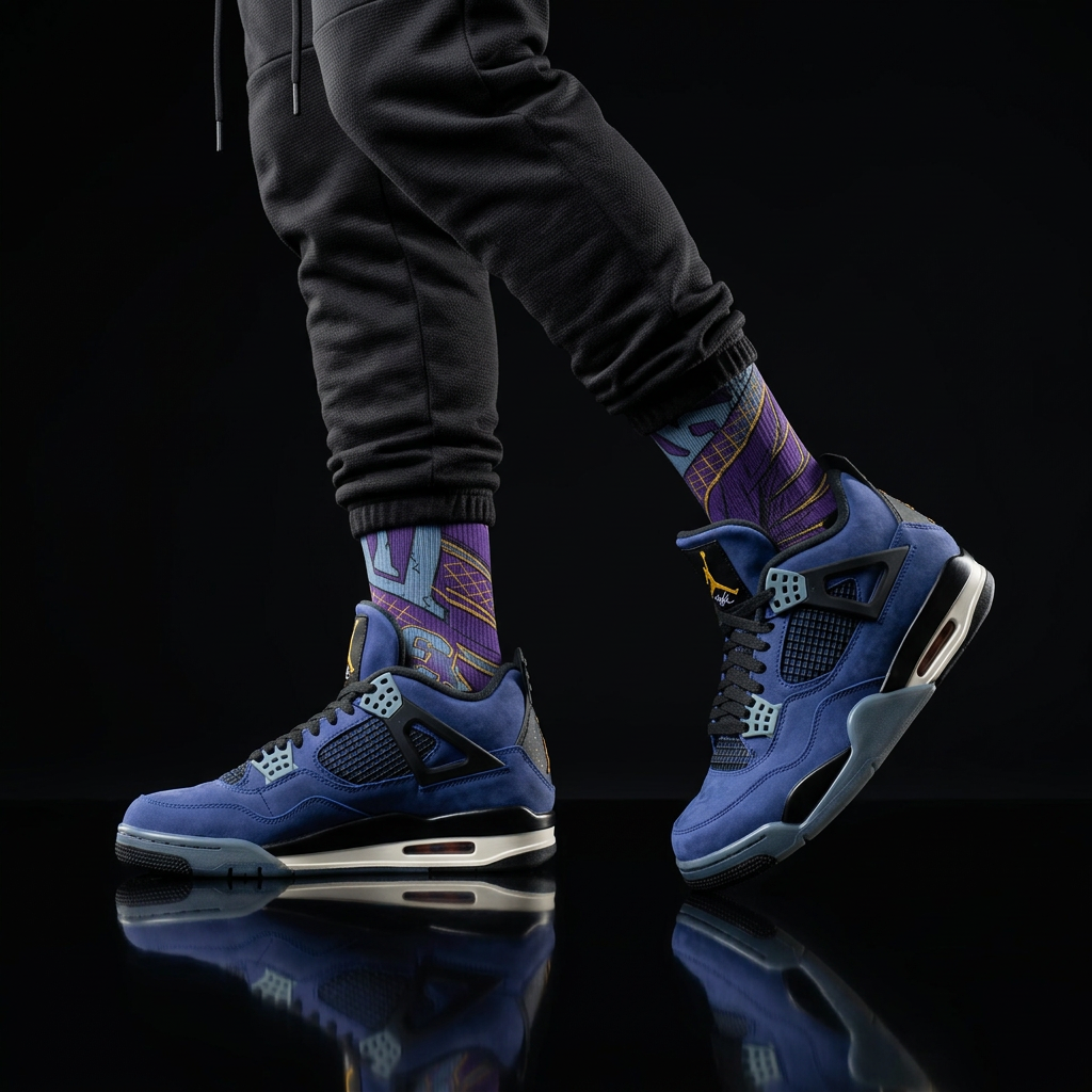 Jordan 4 Retro Lakers matching Crew Socks | Purple Gold Basketball Streetwear Heritage