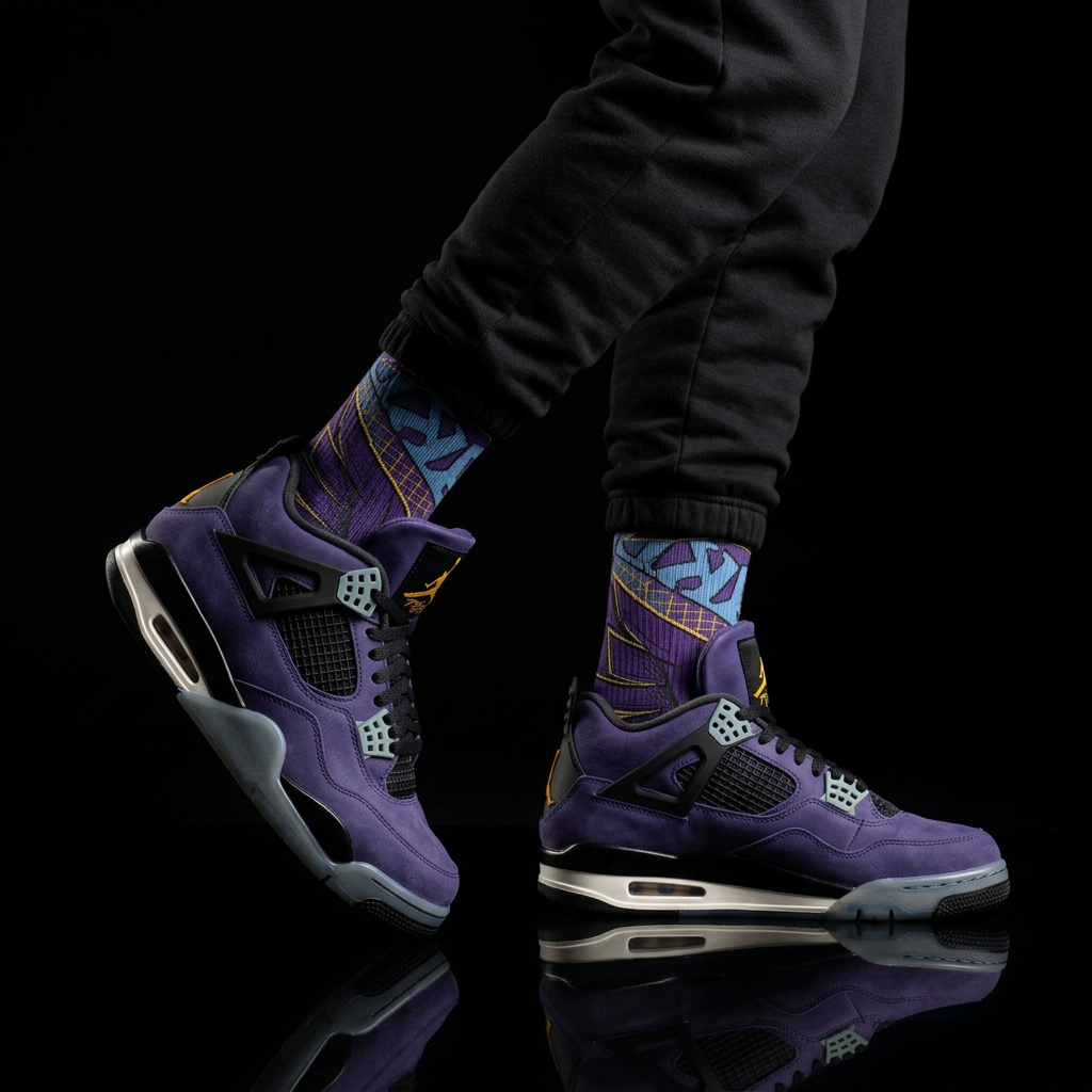 Jordan 4 Retro Lakers matching Crew Socks | Purple Gold Basketball Streetwear Heritage