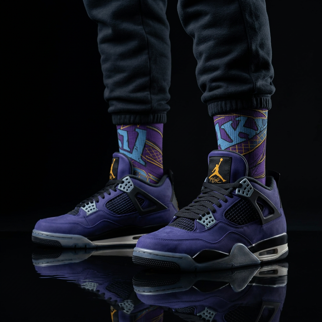 Jordan 4 Retro Lakers matching Crew Socks | Purple Gold Basketball Streetwear Heritage