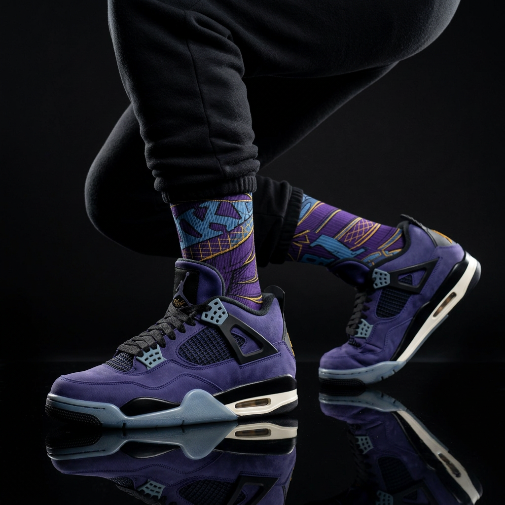 Jordan 4 Retro Lakers matching Crew Socks | Purple Gold Basketball Streetwear Heritage