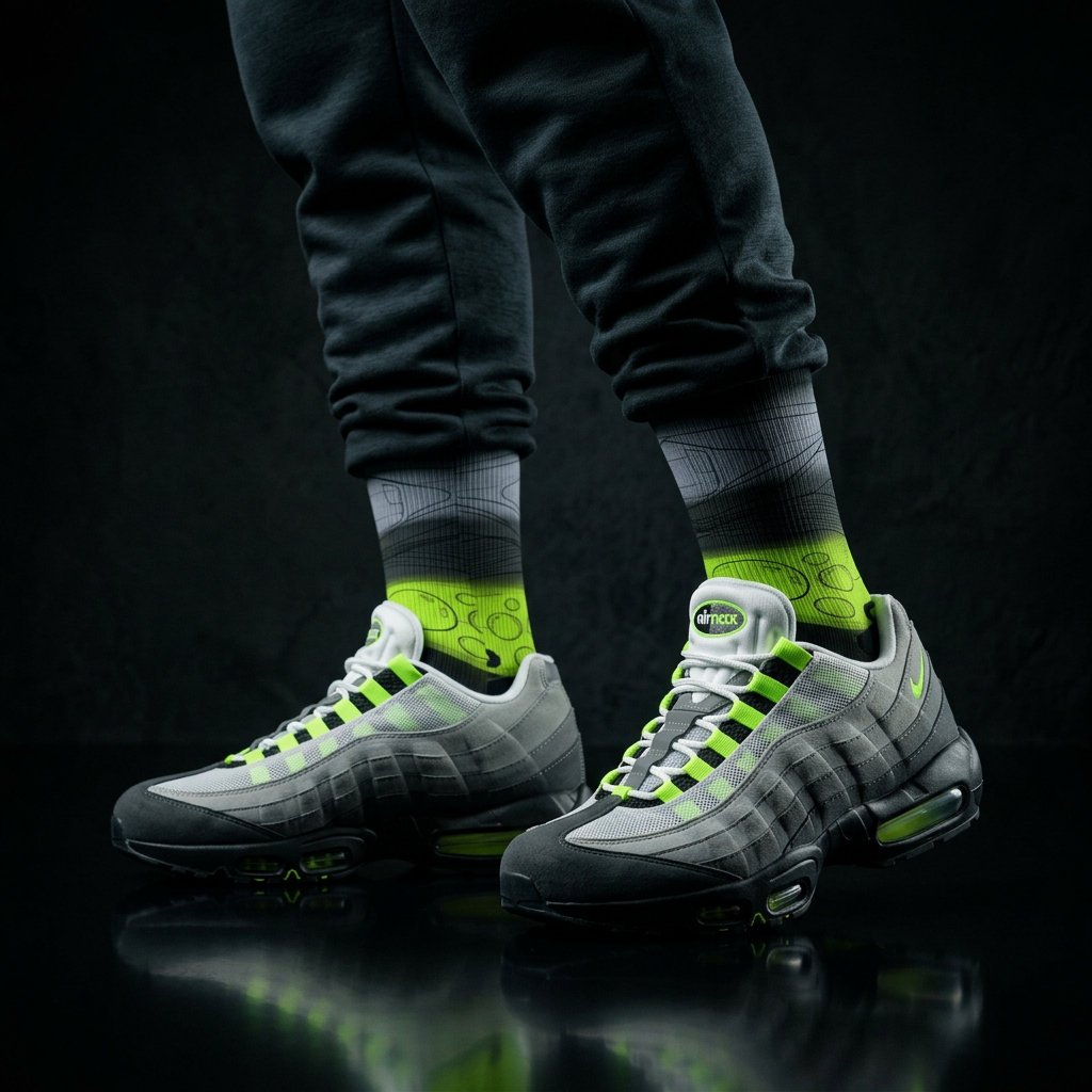 Air Max 95 OG Big Bubble Neon matching Crew Socks | 90s Tech Anatomical Industrial Black Grey Streetwear
