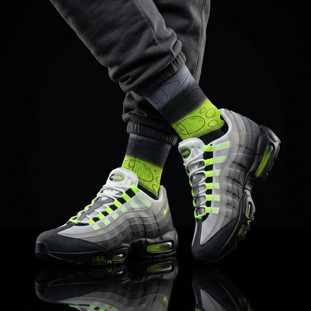 Air Max 95 OG Big Bubble Neon matching Crew Socks | 90s Tech Anatomical Industrial Black Grey Streetwear