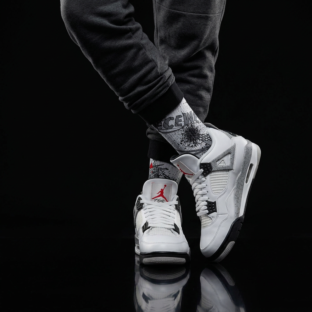 Jordan 4 Retro OG White Cement matching Crew Socks | White Cement Speckle Architectural Streetwear