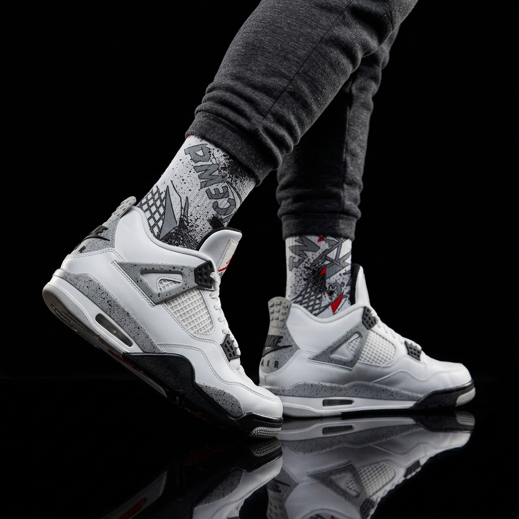Jordan 4 Retro OG White Cement matching Crew Socks | White Cement Speckle Architectural Streetwear