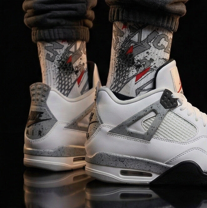 Jordan 4 Retro OG White Cement matching Crew Socks | White Cement Speckle Architectural Streetwear