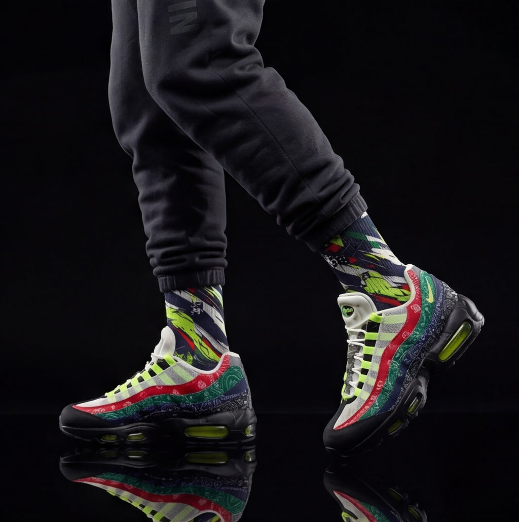 Air Max 95 OG 'Big Bubble - Paisley Neon' matching Crew Socks | 90s Tech Nostalgia Volt Black Streetwear