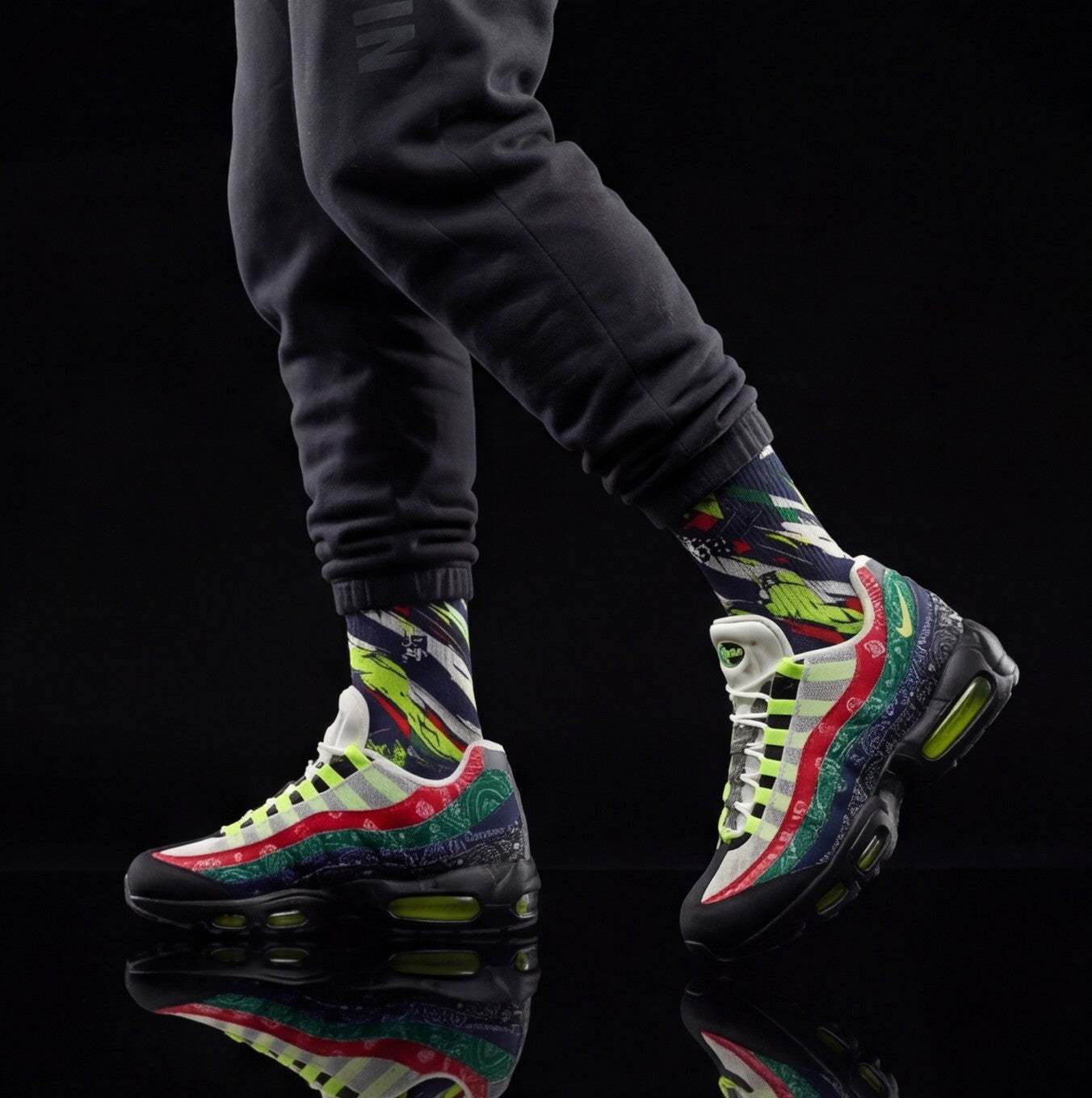 Air Max 95 OG 'Big Bubble - Paisley Neon' matching Crew Socks | 90s Tech Nostalgia Volt Black Streetwear