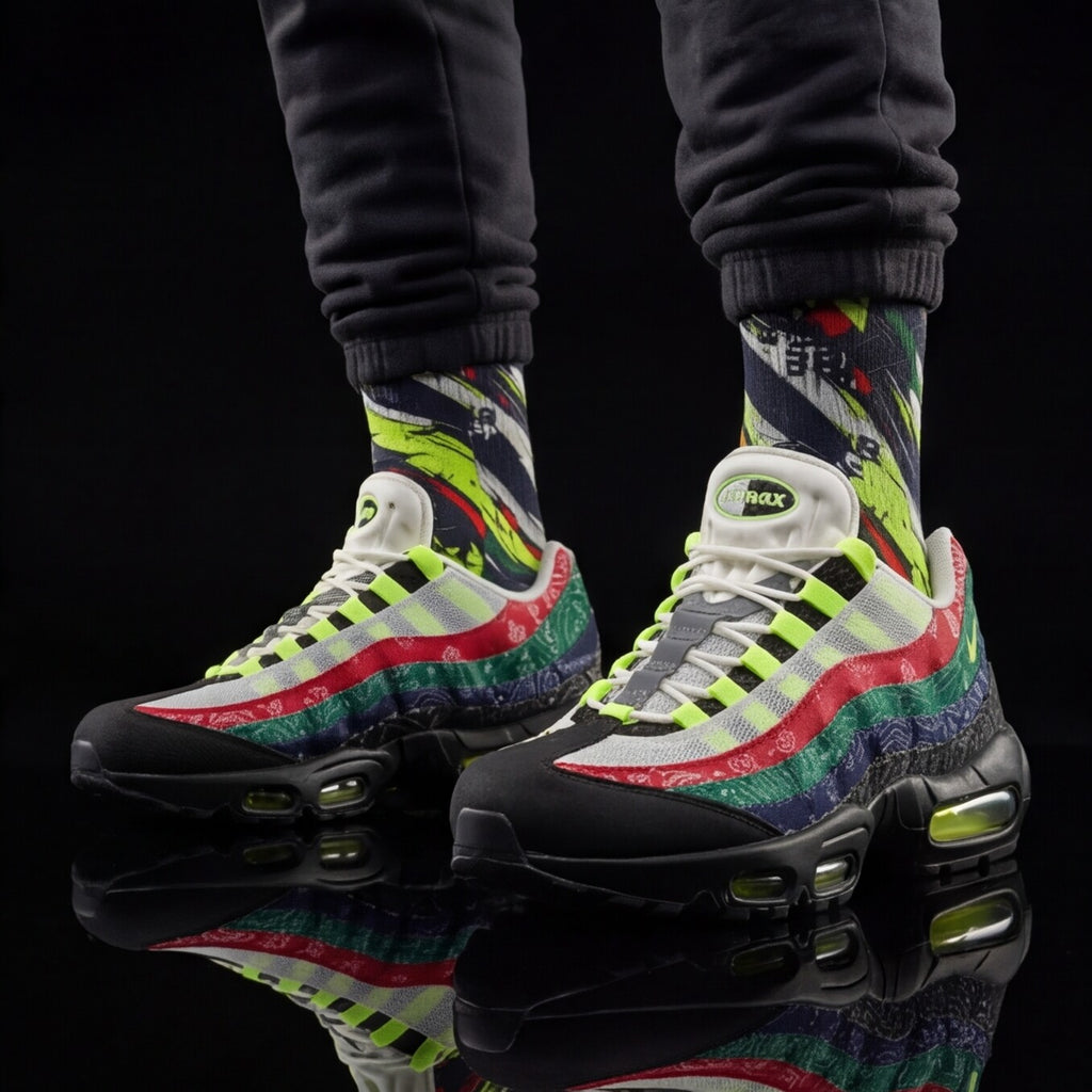 Socks to match Air Max 95 OG 'Big Bubble - Paisley Neon' matching Crew Socks | 90s Tech Nostalgia Volt Black Streetwear