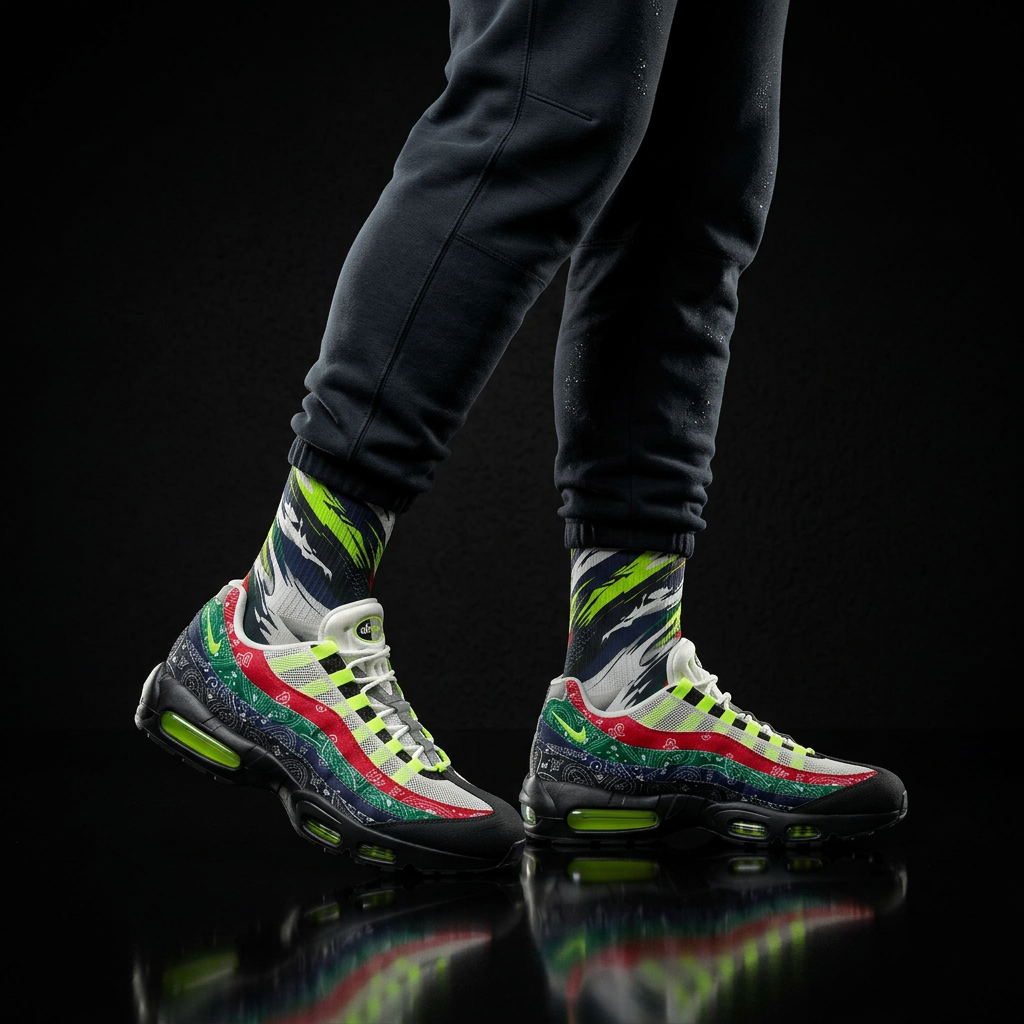 Air Max 95 OG 'Big Bubble - Paisley Neon' matching Crew Socks | 90s Tech Nostalgia Volt Black Streetwear