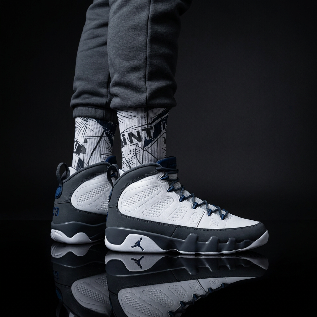 Jordan 9 Retro 'Flint Grey' 2026 matching Crew Socks | Premium Championship Heritage Streetwear