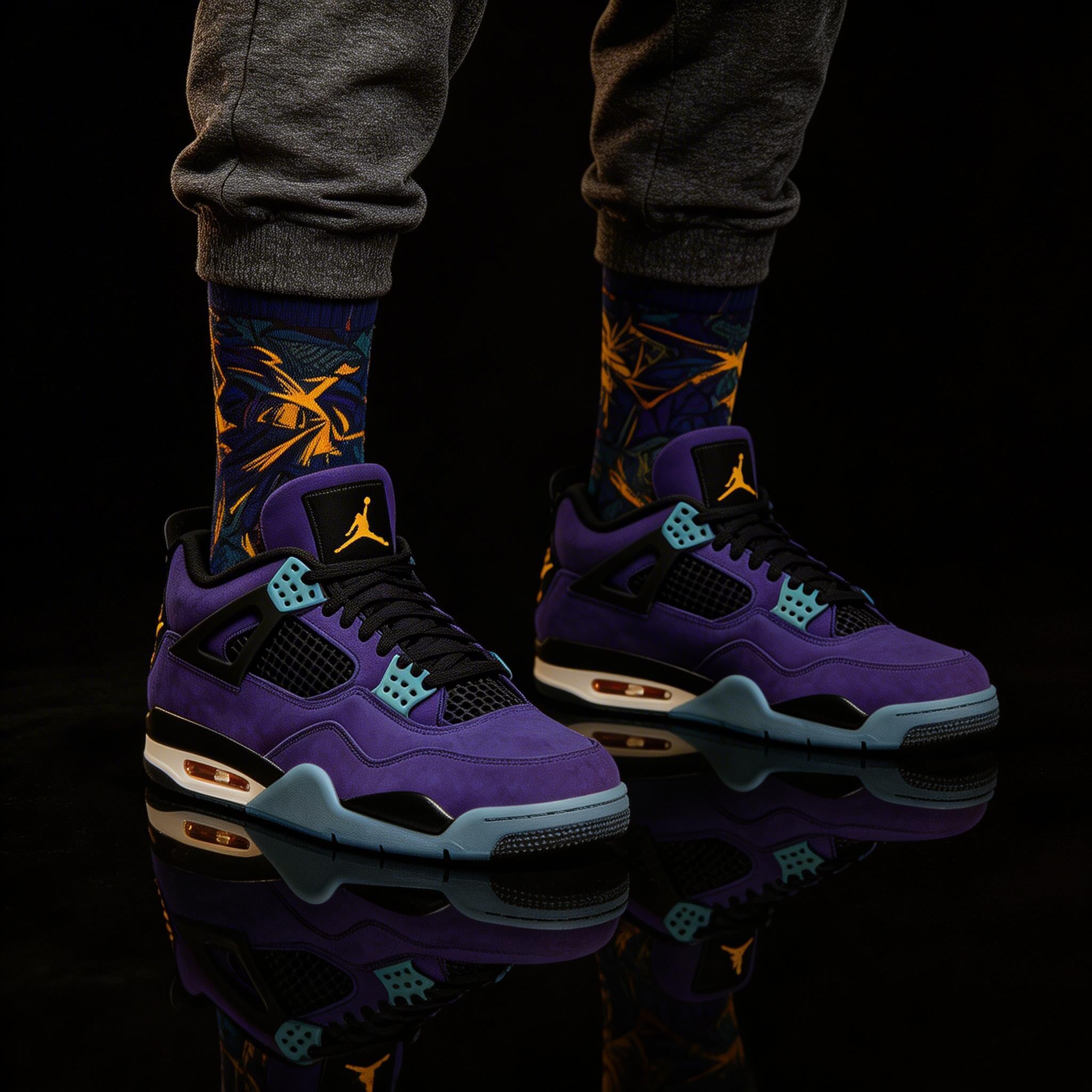 Socks to Match Jordan 4 Retro Lakers Crew Socks | Purple Gold Championship Streetwear Hoop Culture Gift