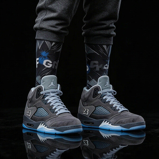 Jordan 5 Retro Wolf Grey 2026 matching Crew Socks | Predator Pack Jordan 5 Wolf Grey Streetwear Basketball