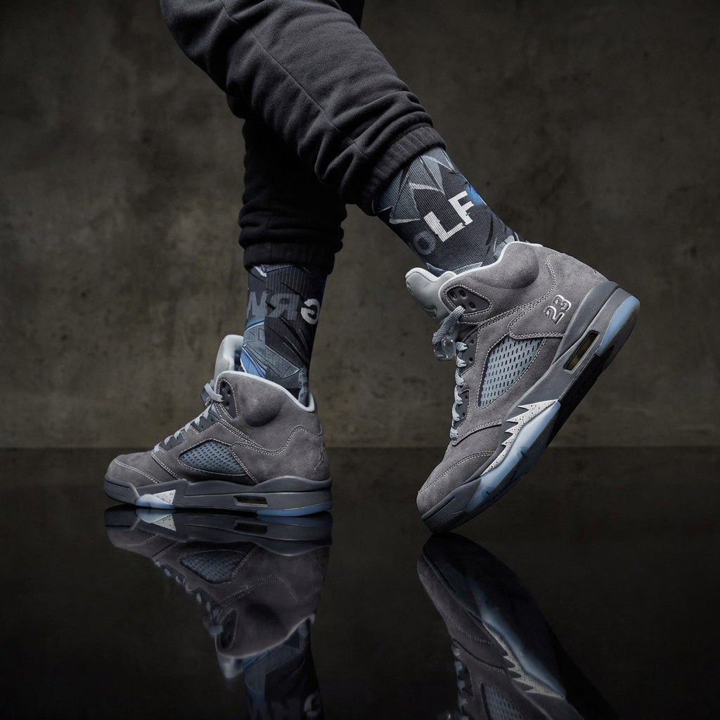 Jordan 5 Retro Wolf Grey 2026 matching Crew Socks | Predator Pack Jordan 5 Wolf Grey Streetwear Basketball