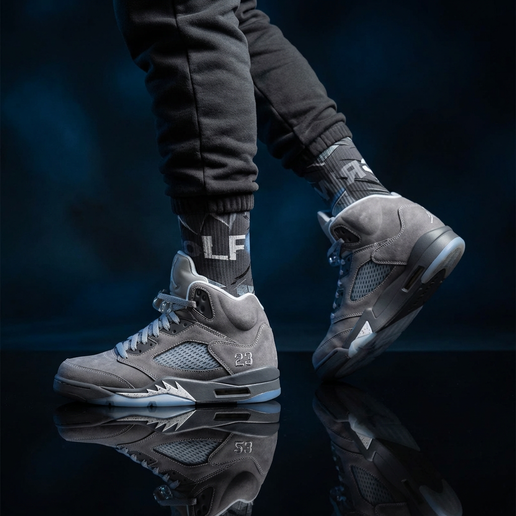 Jordan 5 Retro Wolf Grey 2026 matching Crew Socks | Predator Pack Jordan 5 Wolf Grey Streetwear Basketball