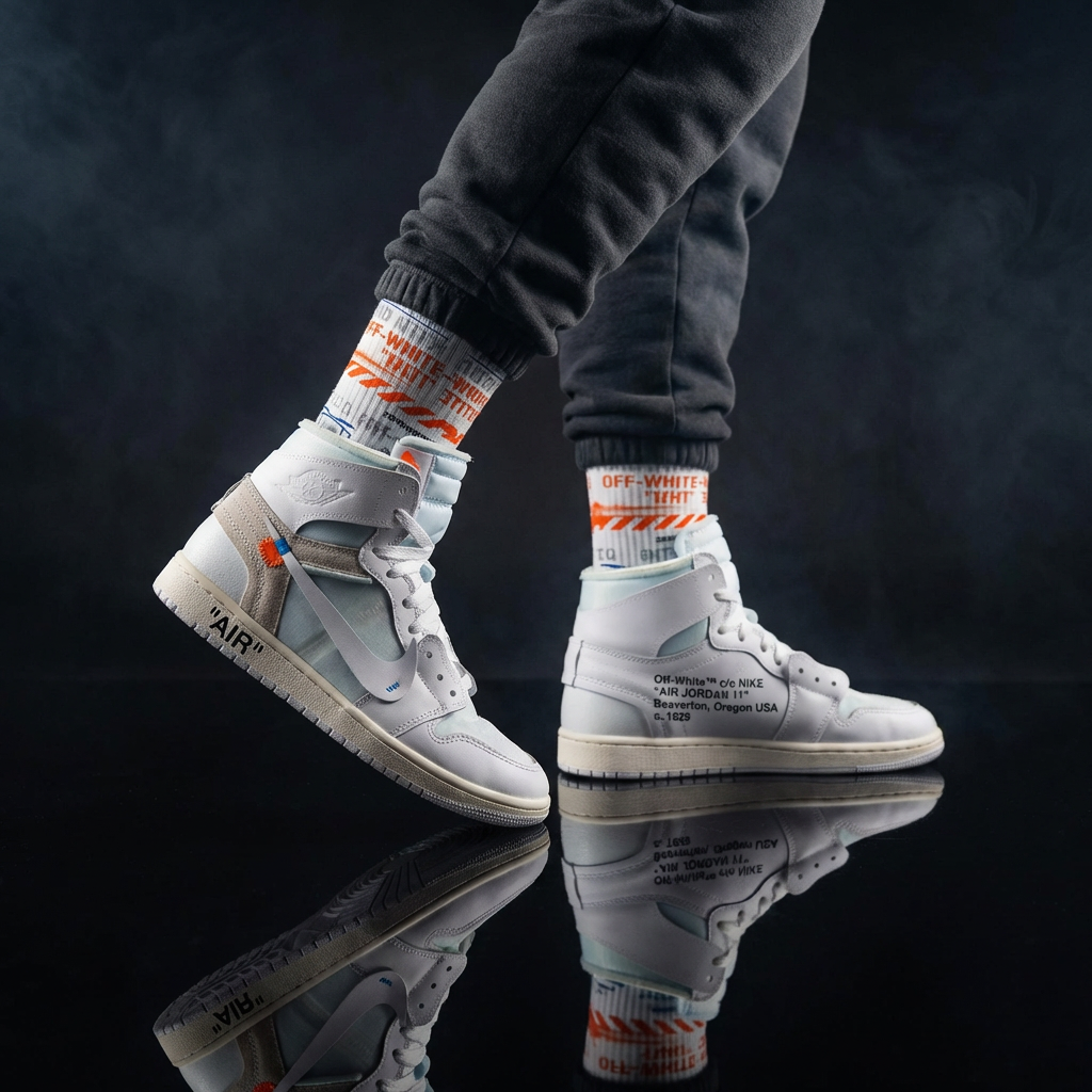 Virgil Abloh Archive x Jordan 1 Retro High OG Alaska Matching Crew Socks | Deconstructed White Industrial Streetwear
