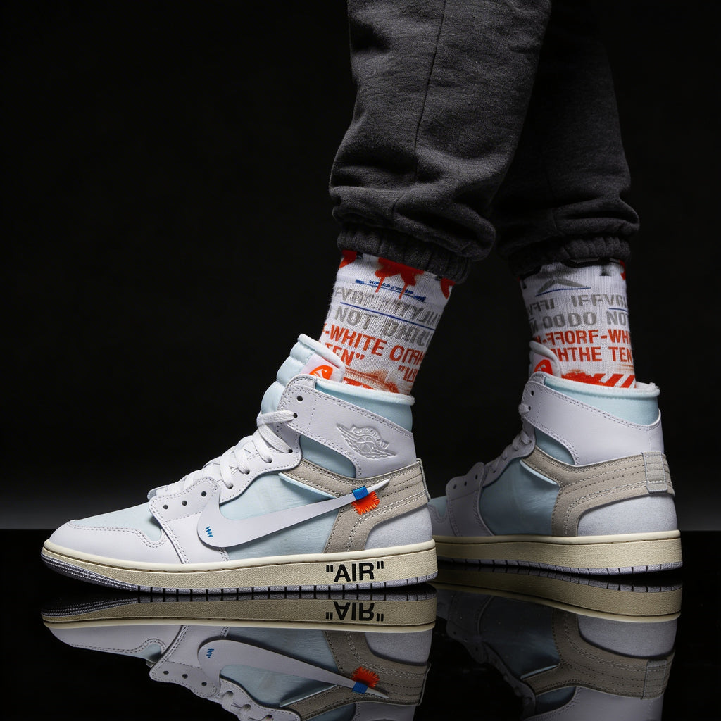 Virgil Abloh Archive x Jordan 1 Retro High OG Alaska Matching Crew Socks | Deconstructed White Industrial Streetwear
