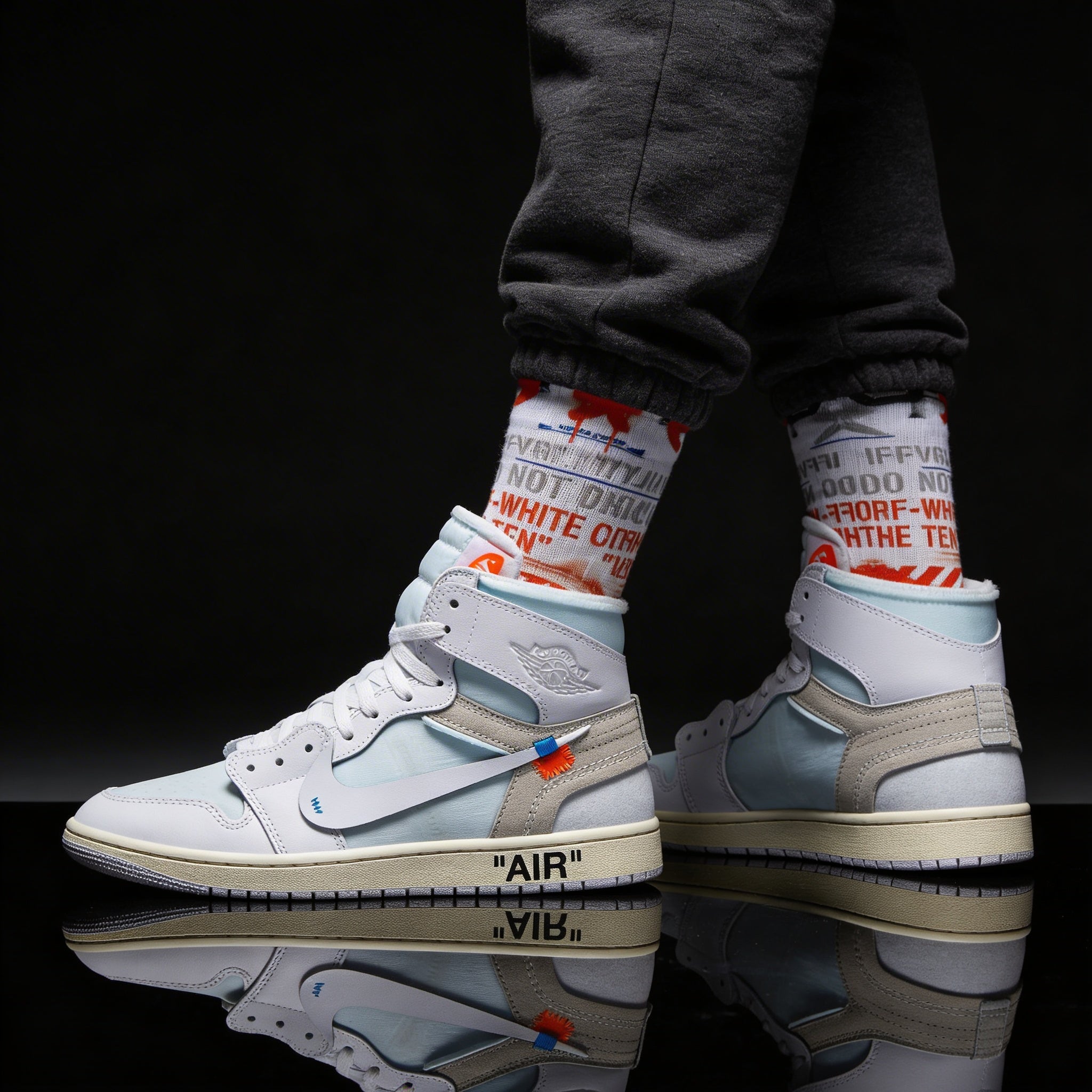 Virgil Abloh Archive x Jordan 1 Retro High OG Alaska Matching Crew Socks | Deconstructed White Industrial Streetwear