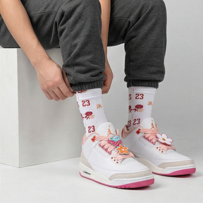 Jordan 3 Retro Spring Flowers Matching Crew Socks | Botanical Streetwear Floral Pattern Basketball