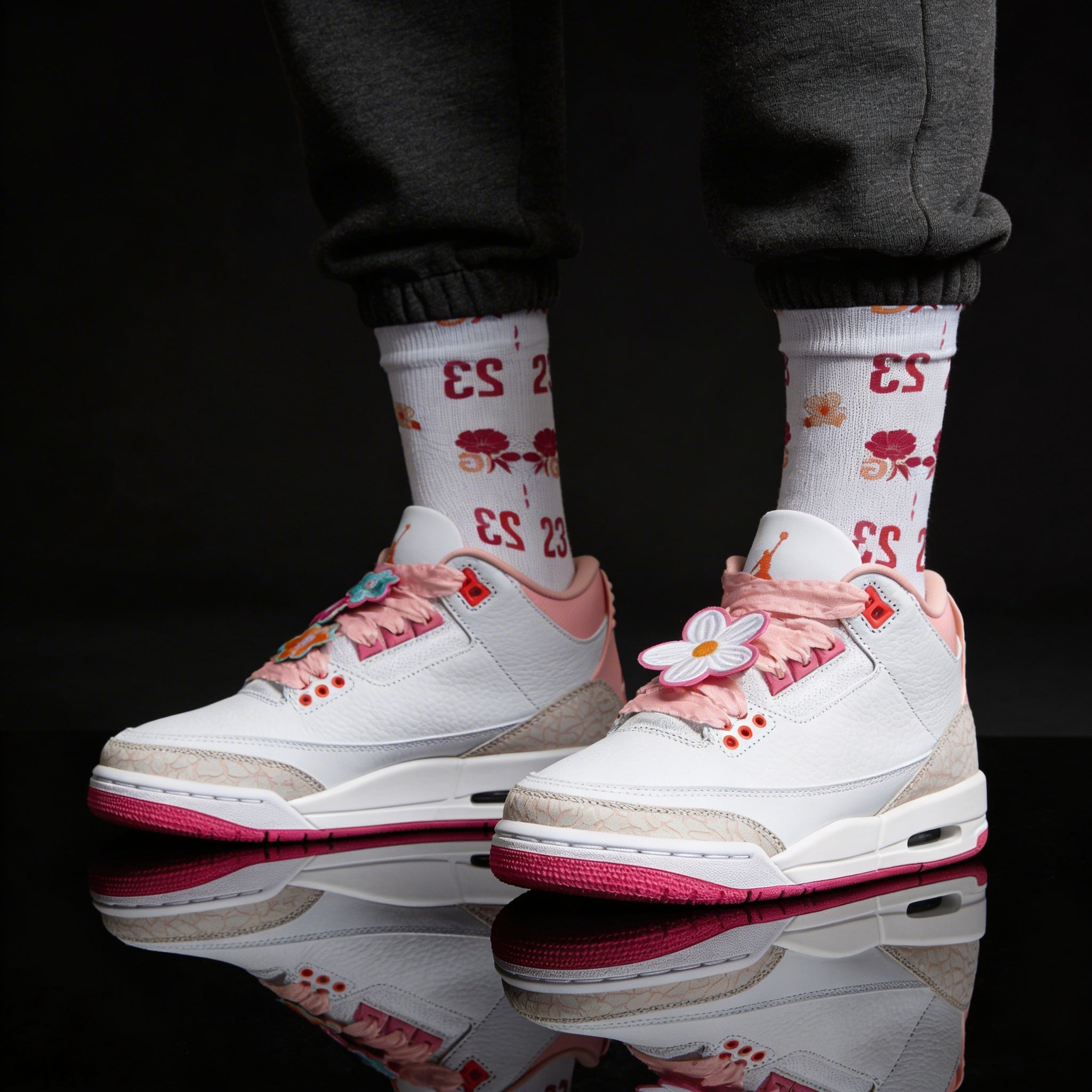 Jordan 3 Retro Spring Flowers Matching Crew Socks | Botanical Streetwear Floral Pattern Basketball