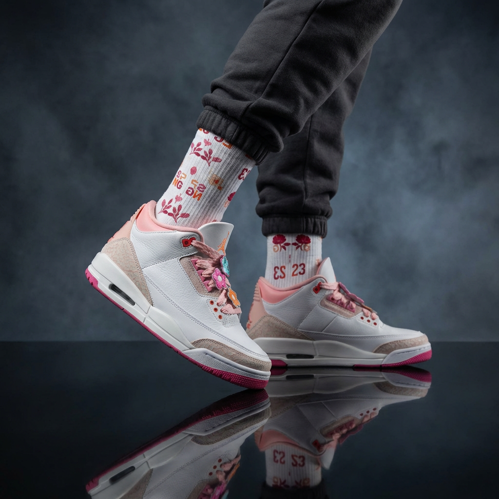 Jordan 3 Retro Spring Flowers Matching Crew Socks | Botanical Streetwear Floral Pattern Basketball