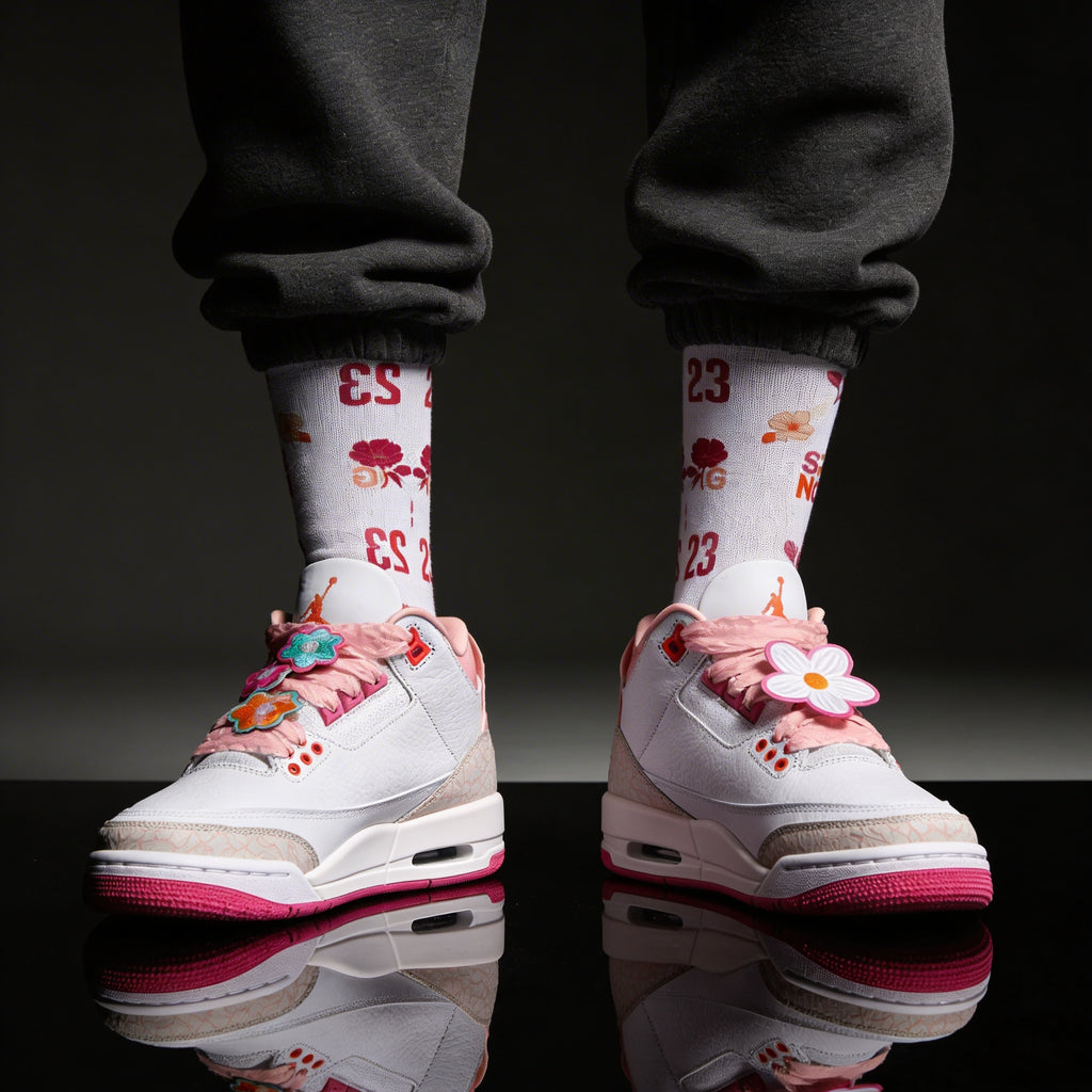 Jordan 3 Retro Spring Flowers Matching Crew Socks | Botanical Streetwear Floral Pattern Basketball