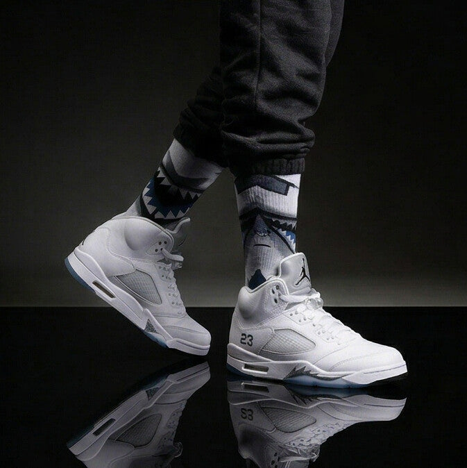Jordan 5 Retro White Metallic Matching Crew Socks | Fighter Jet Metallic Streetwear Basketball