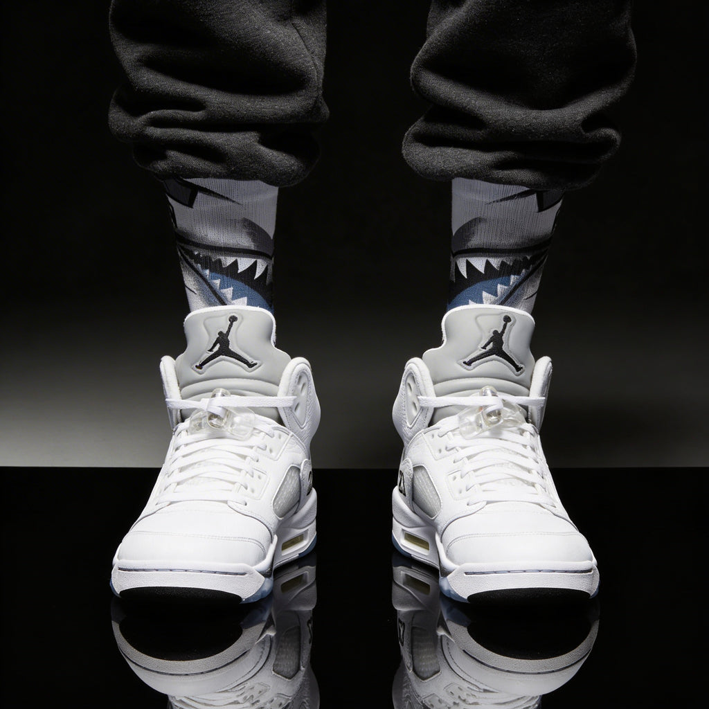 Jordan 5 Retro White Metallic Matching Crew Socks | Fighter Jet Metallic Streetwear Basketball