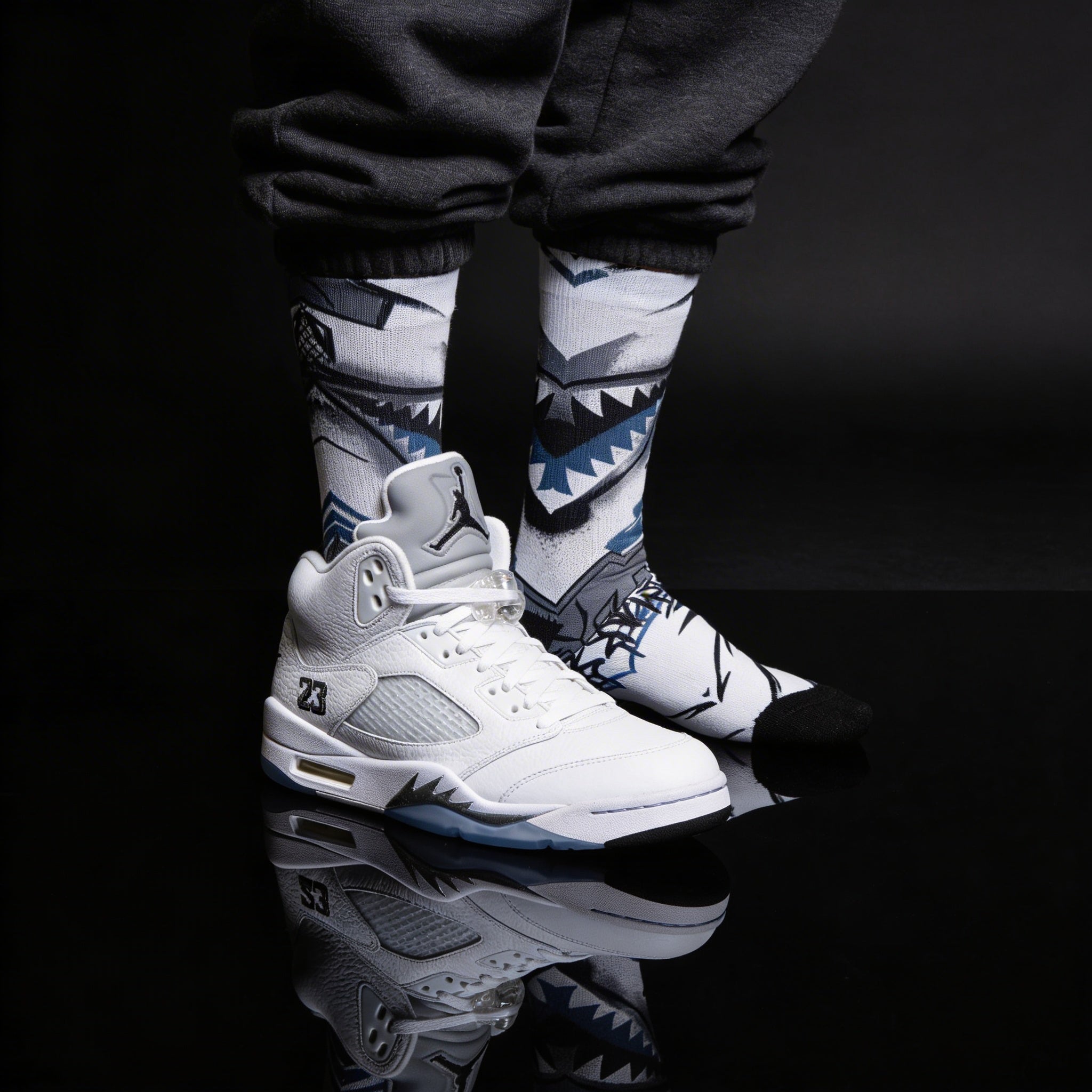 Jordan 5 Retro White Metallic Matching Crew Socks | Fighter Jet Metallic Streetwear Basketball