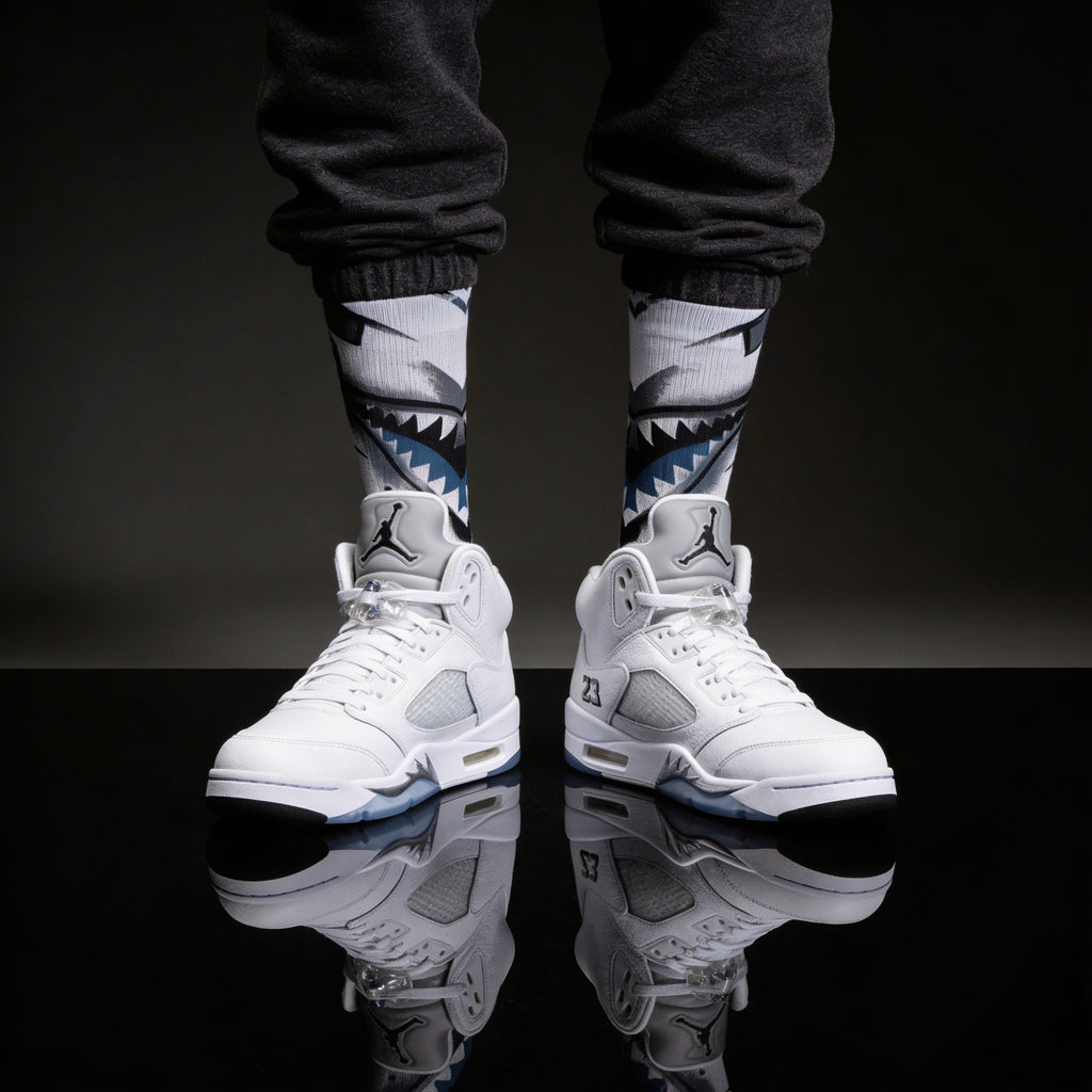 Jordan 5 Retro White Metallic Matching Crew Socks | Fighter Jet Metallic Streetwear Basketball