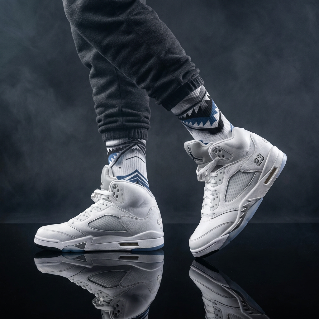 Jordan 5 Retro White Metallic Matching Crew Socks | Fighter Jet Metallic Streetwear Basketball