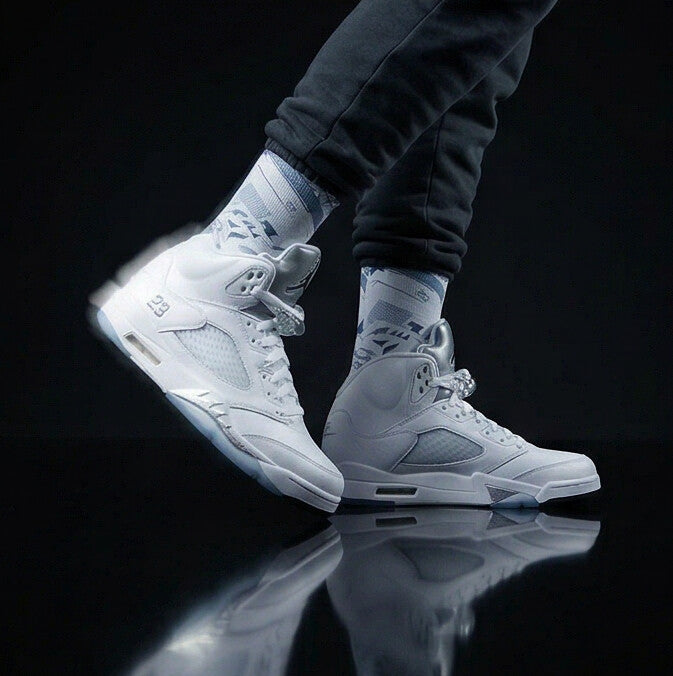 Jordan 5 Retro White Metallic Matching Crew Socks | Fighter Jet Metallic Streetwear Basketball