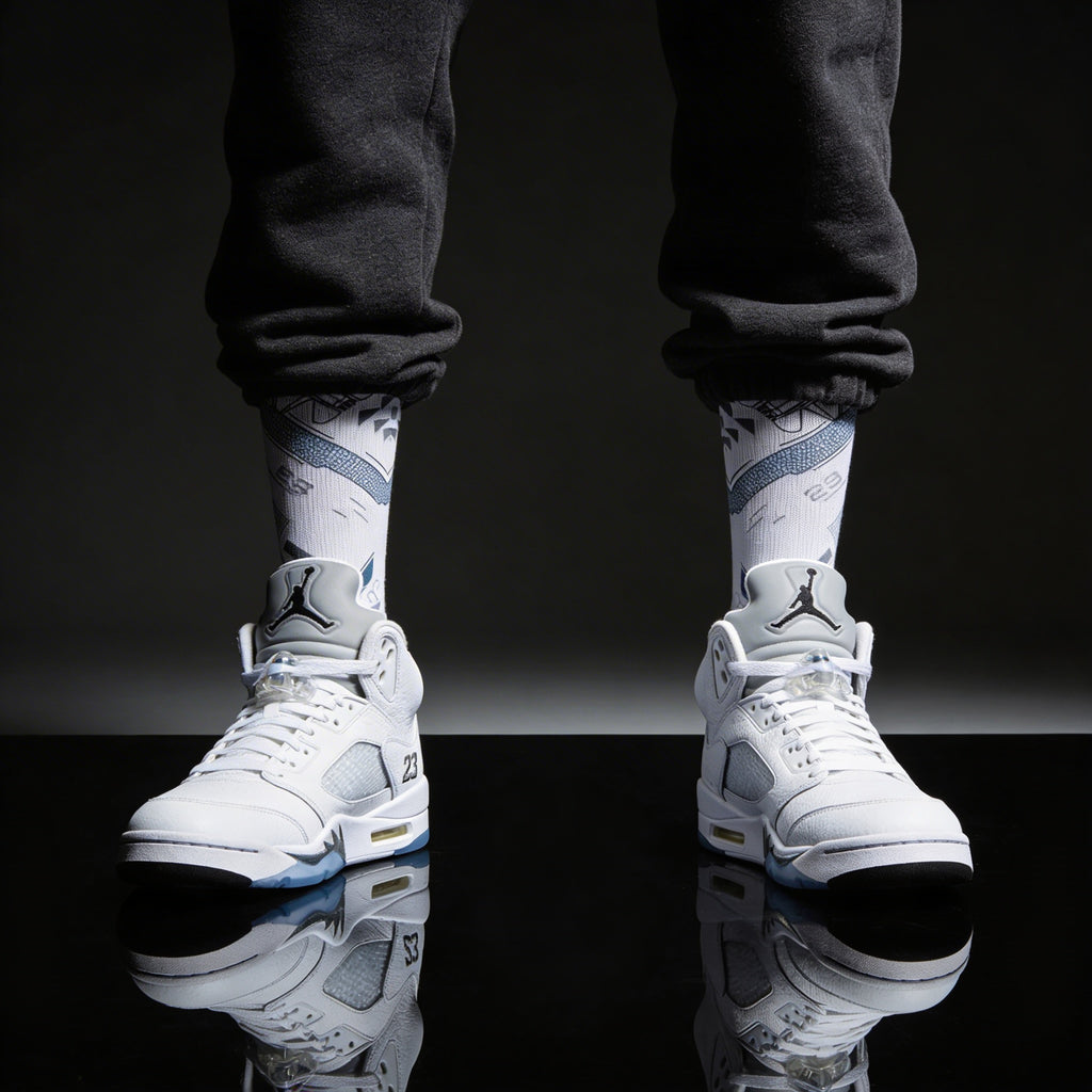 Jordan 5 Retro White Metallic Matching Crew Socks | Fighter Jet Metallic Streetwear Basketball
