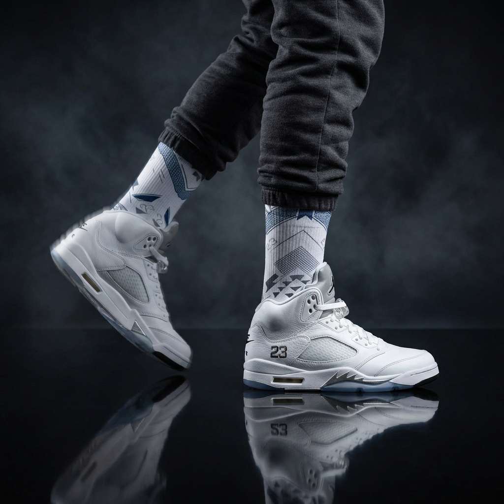 Jordan 5 Retro White Metallic Matching Crew Socks | Fighter Jet Metallic Streetwear Basketball
