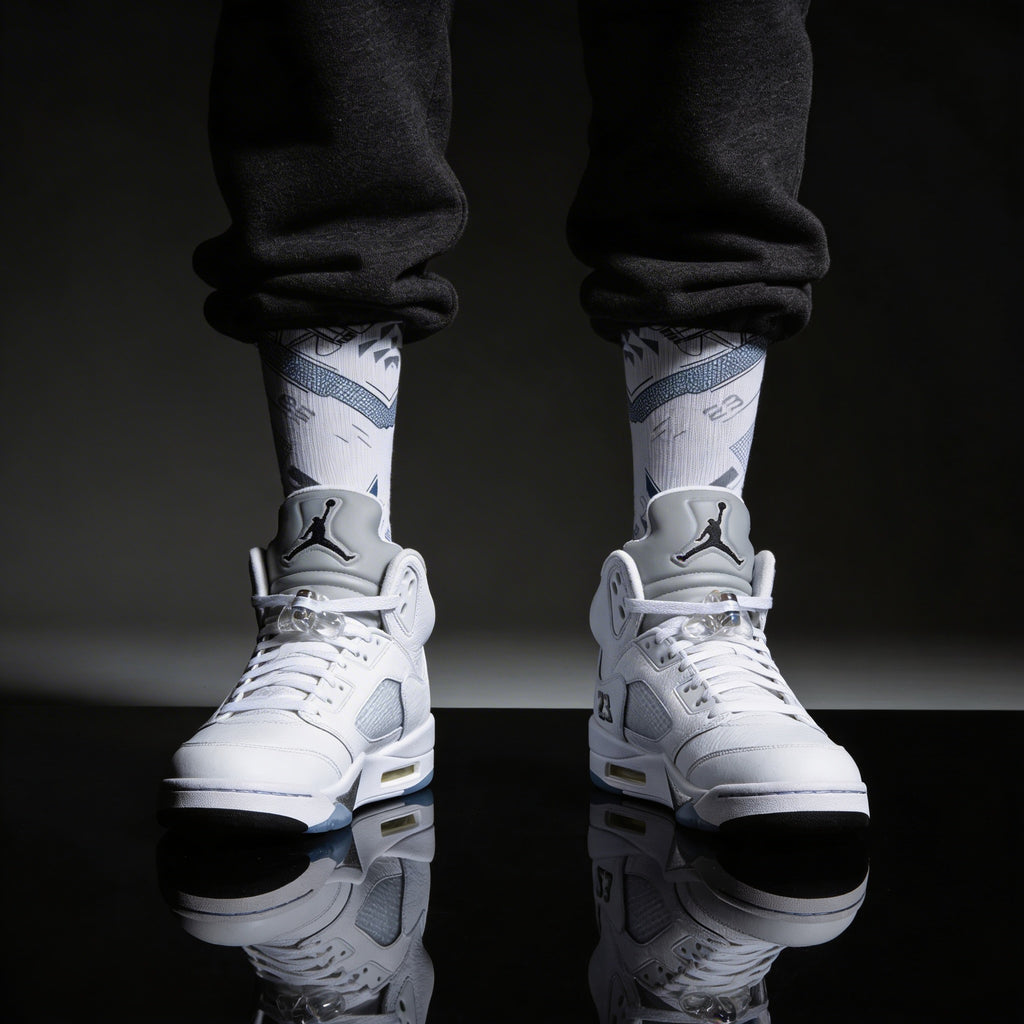Jordan 5 Retro White Metallic Matching Crew Socks | Fighter Jet Metallic Streetwear Basketball
