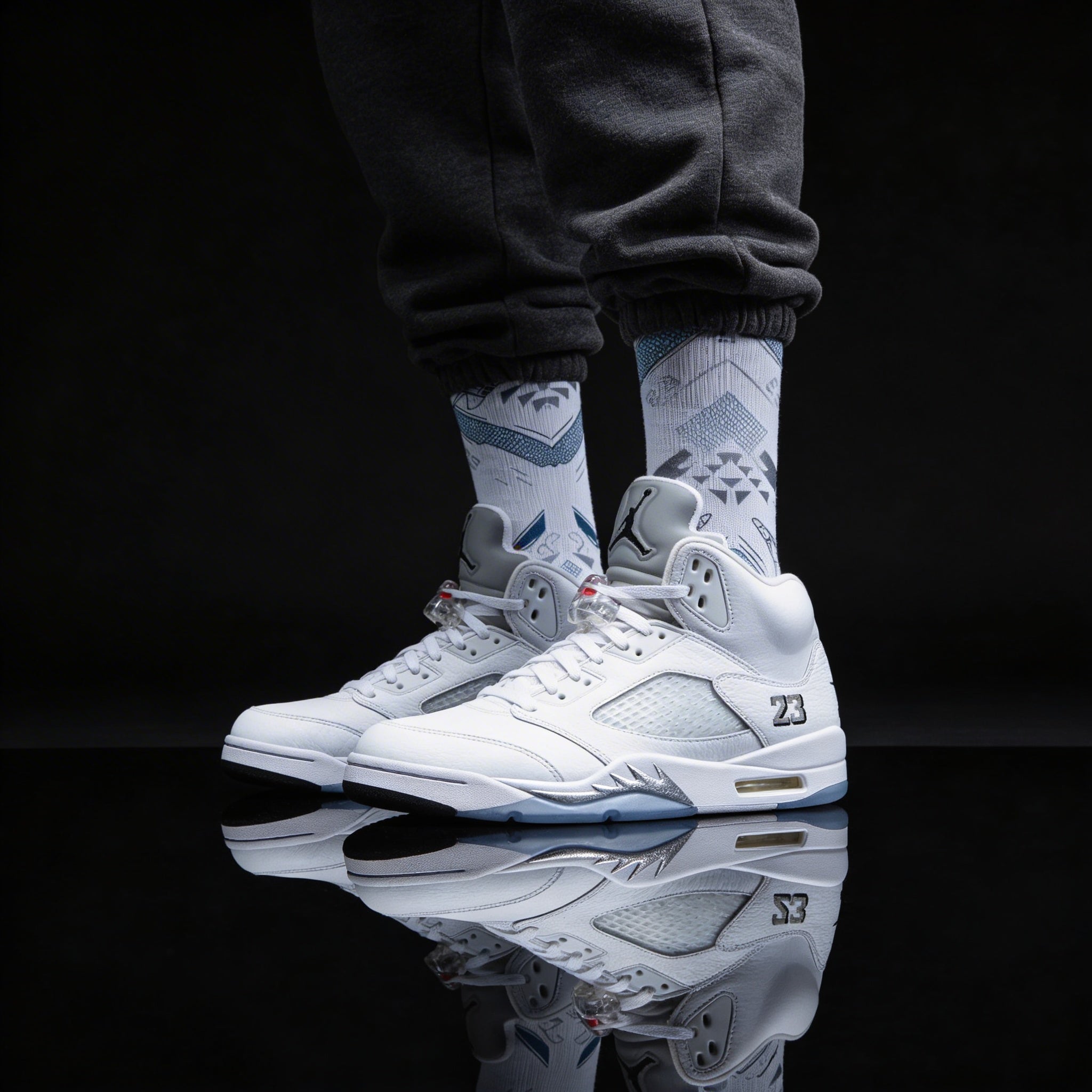 Jordan 5 Retro White Metallic Matching Crew Socks | Fighter Jet Metallic Streetwear Basketball
