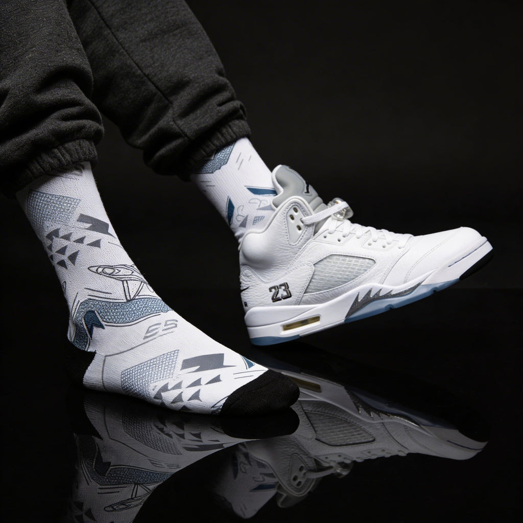 Jordan 5 Retro White Metallic Matching Crew Socks | Fighter Jet Metallic Streetwear Basketball