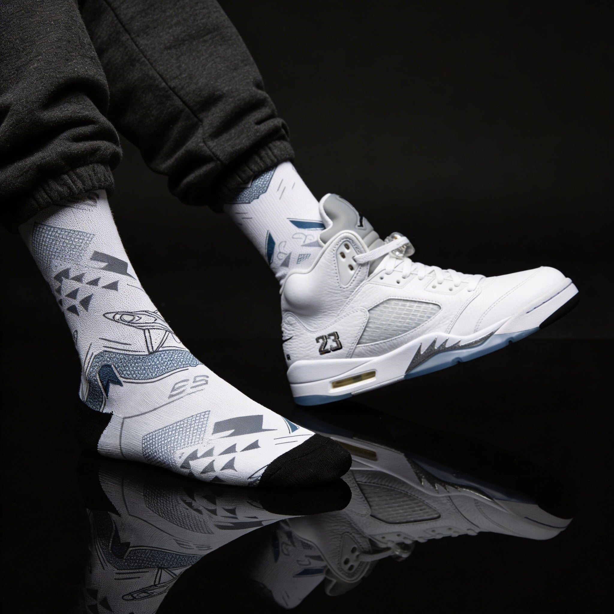 Jordan 5 Retro White Metallic Matching Crew Socks | Fighter Jet Metallic Streetwear Basketball