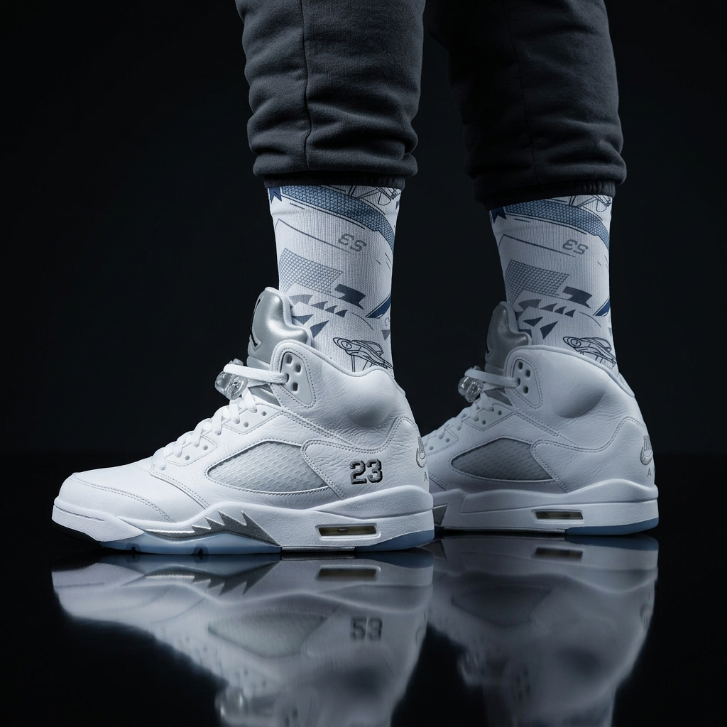 Jordan 5 Retro White Metallic Matching Crew Socks | Fighter Jet Metallic Streetwear Basketball