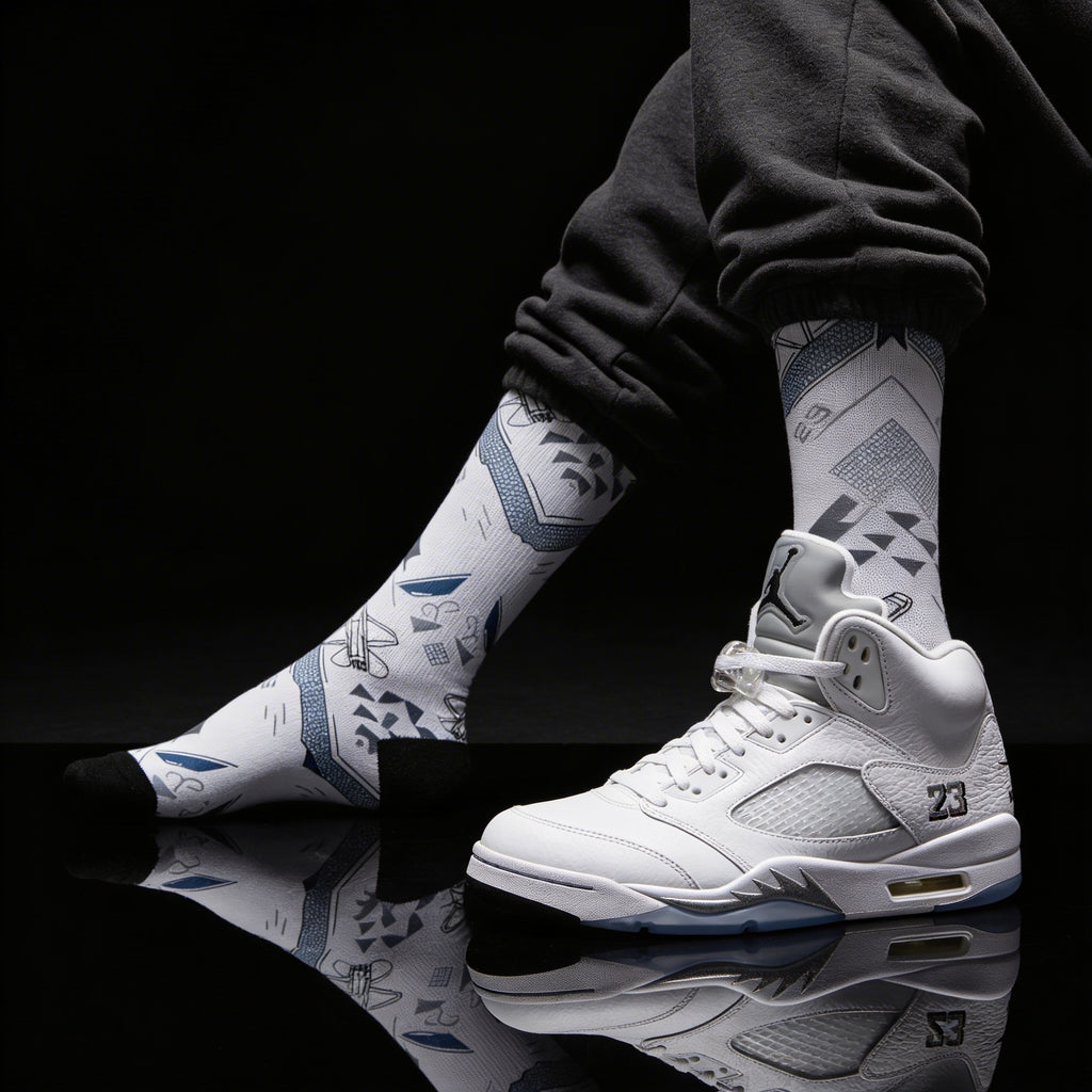 Jordan 5 Retro White Metallic Matching Crew Socks | Fighter Jet Metallic Streetwear Basketball