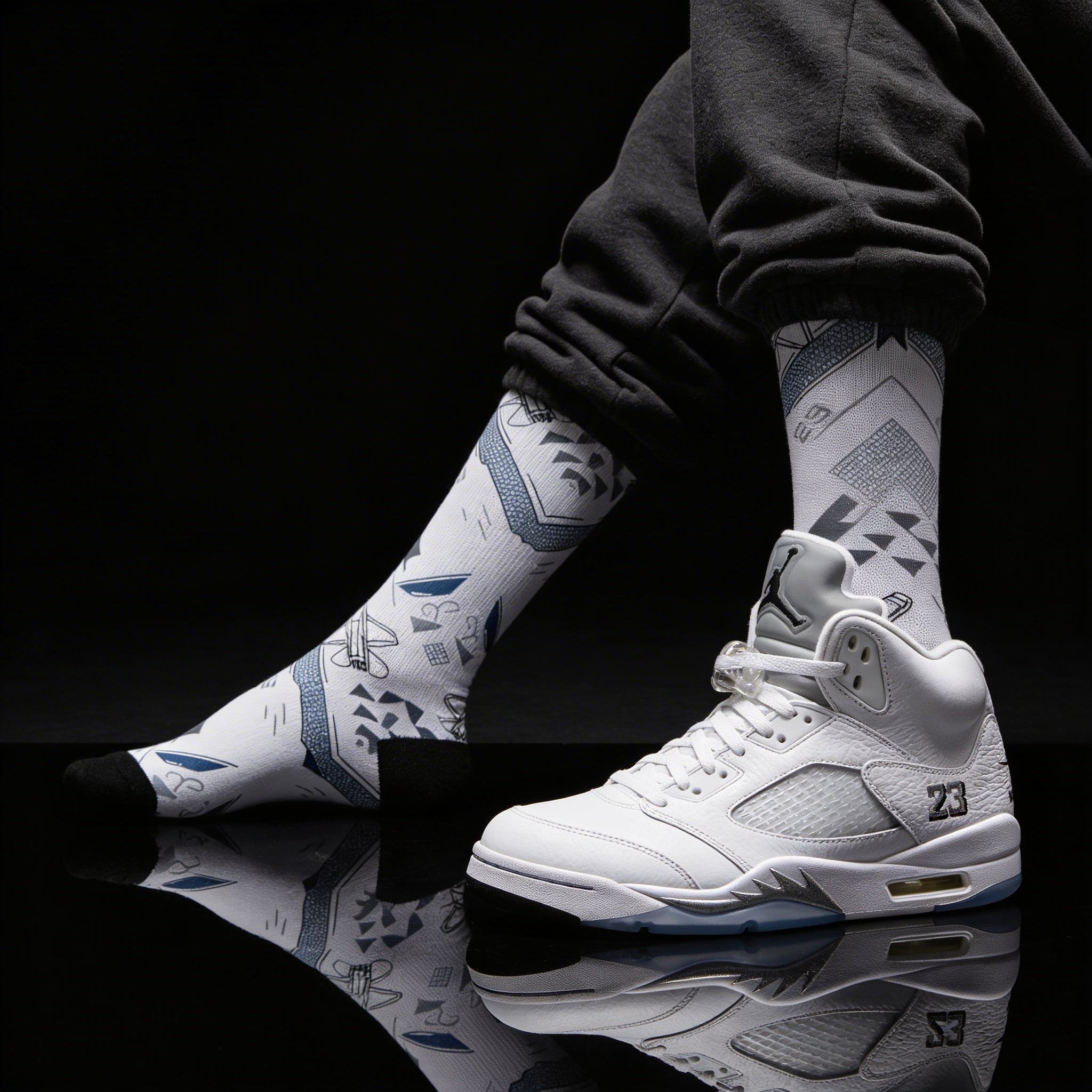 Jordan 5 Retro White Metallic Matching Crew Socks | Fighter Jet Metallic Streetwear Basketball