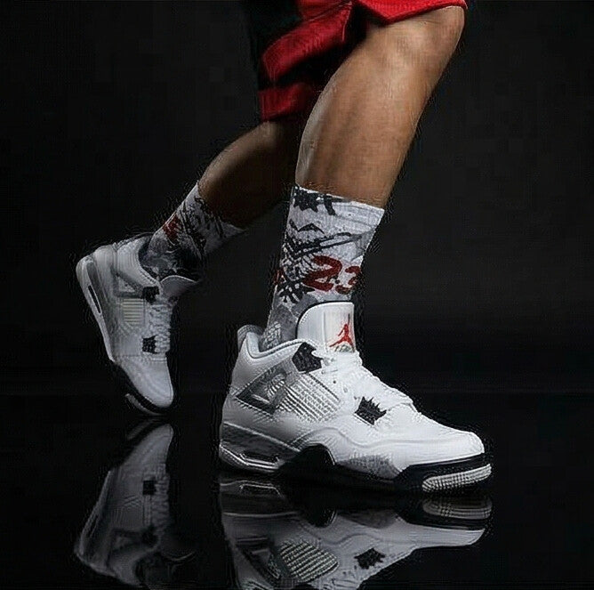 Jordan 4 Retro White Cement Matching Crew Socks | Concrete Grey Basketball Streetwear