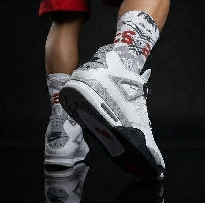 Jordan 4 Retro White Cement Matching Crew Socks | Concrete Grey Basketball Streetwear