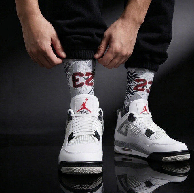 Jordan 4 Retro White Cement Matching Crew Socks | Concrete Grey Basketball Streetwear