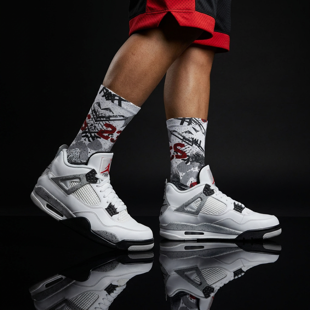 Jordan 4 Retro White Cement Matching Crew Socks | Concrete Grey Basketball Streetwear