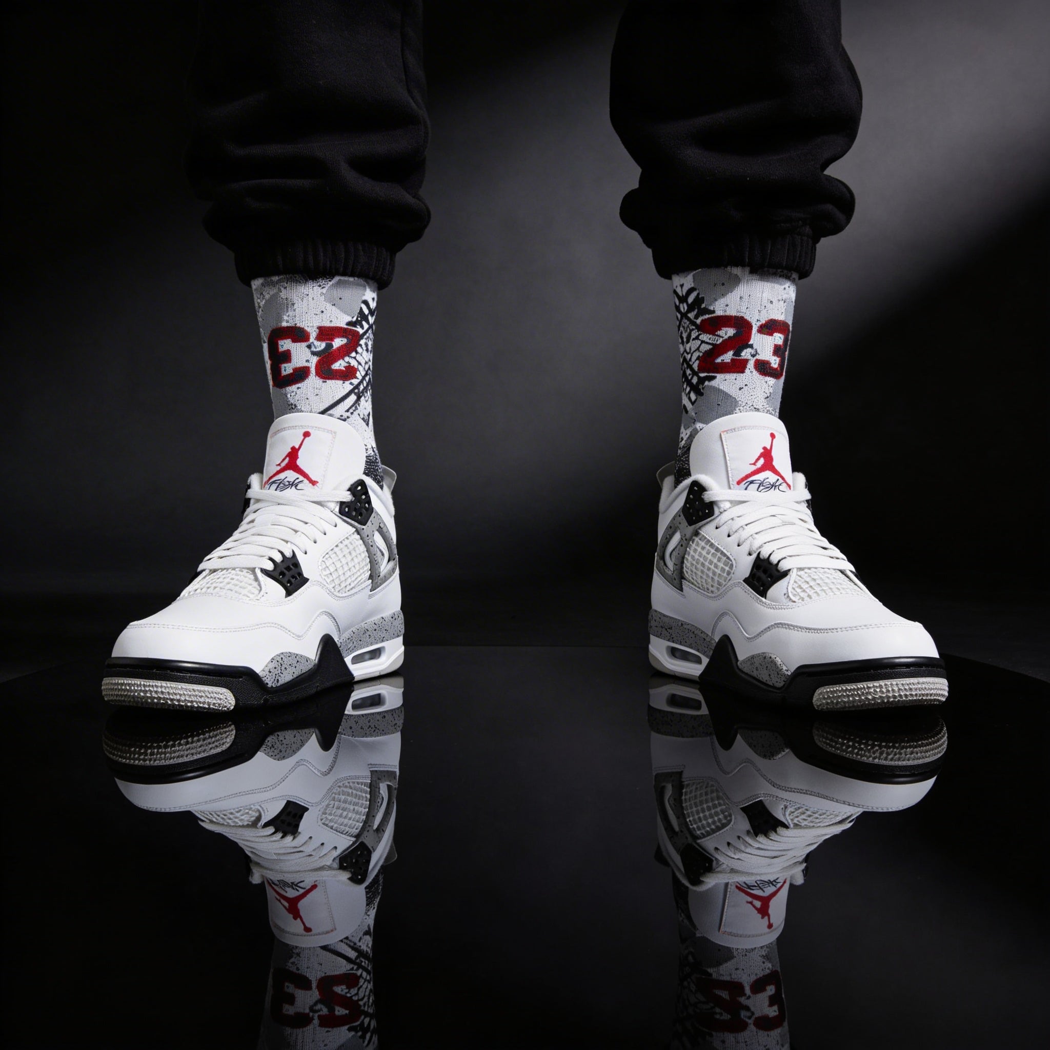 Jordan 4 Retro White Cement Matching Crew Socks | Concrete Grey Basketball Streetwear